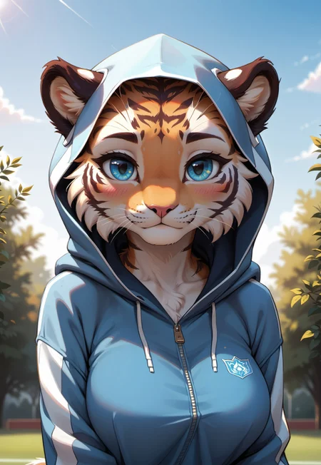 safe_pos, score_9, score_8_up, score_7_up, source_furry, highres, high quality, perfection, masterpiece, detailed, aesthetic, well-lighted,
outdoors, evening, school, sports ground,
1girl, solo, (face focus: 1.2), (close-up: 1.2), front view,
furry female, (anthro tiger girl: 1.2), beautiful girl, cute girl, youthful, young, large breasts, (no hair, hairless, bald), beautiful face, detailed face, perfect eyes, detailed eyes, blue eyes, long tail,
clothed, sportswear, oversized clothes, blue jacket, oversized jacket, long sleeves, zipper, hood up,
looking at viewer, blushing, shy, love, lovestruck,