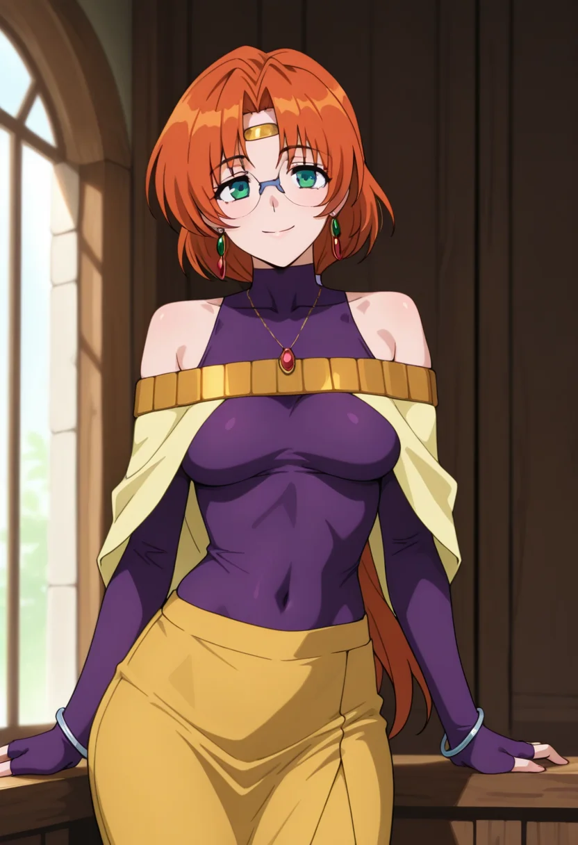 masterpiece, best quality, amazing quality, absurdres, 1girl, solo, cowboy shot, ailaww, mature female, green eyes, orange hair, long hair, low ponytail, parted bangs, glasses, rimless eyewear, medium breasts, circlet, yellow capelet, purple turtleneck shirt, sleeveless, covered collarbone, bare shoulders, purple elbow gloves, fingerless gloves, long sleeves, covered navel, yellow long skirt, white boots, high heels, jewelry, earrings, necklace, bracelet, looking at viewer, smile, indoors, day, skindentation, detailed clothing folds, depth of field, sharp, high contrast, dynamic light <lora:Aila_Mahou_Senshi_Louie_ill_v12:0.9>
