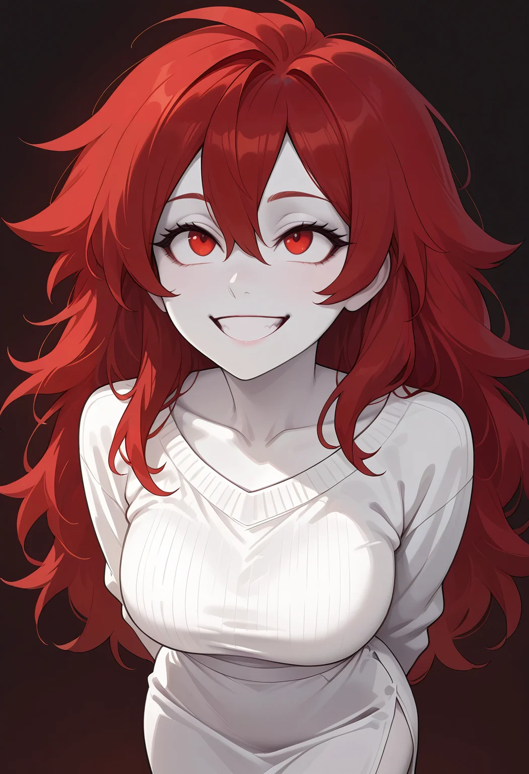 Smooth Quality,masterpiece,beautiful aesthetic, very intricate, high quality details, ultra realistic, high detailed skin
dark background,  simple background,
standing, arms behind back, looking up, calm expression, relaxed posture,  ,grin,crazy smile,
 <lora:Redcnn:0.8> red/cnn, 1girl, red eyes, long hair, hair between eyes, collarbone,red hair, messy hair, 
side slit skirt, ,oversized sweater, ,
pale skin, colored skin,