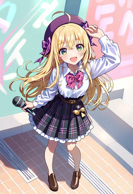 score_9, score_8_up, score_7_up, <lora:PDFA_Style8356194477-000450:1>, 1girl, solo, bangs, blush, smile, street, outdoors, (closed eyes:0.9), :d, ahoge, arm up, belt, beret, black skirt, blonde hair, bow, bowtie, brown footwear, center frills, chibi, collared shirt, day, frills, full body, green eyes, hair between eyes, hair ribbon, hat, hat bow, holding, holding microphone, long hair, long sleeves, looking at viewer, microphone, open mouth, pink bow, pink bowtie, plaid, plaid bow, plaid bowtie, pleated skirt, purple bow, purple bowtie, purple headwear, red skirt, ribbon, shirt, shoes, skirt, sparkle, standing, thigh gap, very long hair, water, white shirt, wing collar,