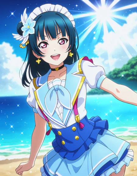 <lora:Koto-Umi-Riko-Shizu-Setsu-LLAS-LyCORIS-AnimagineXLV31-V16:0.3:0.8:lbw=LLAS-Other> <lora:yoshiko.pony:1:lbw=Character>
<lora:add-detail-xl:1.5> <lora:detailed_notrigger:1> <lora:hand 4:0.5:lbw=Hand>
<lora:artistic_amplifier_sdxl_a_webui:0.75:lbw=Artistic> <lora:satoukuukiXL_ANI31_lokr_V42310:0.75:lbw=StyleV1>
(score_9, score_8_up), score_7_up, source_anime, (masterpiece, absurdres, very aesthetic:1.4), best quality, newest, perfect anatomy, perfect lighting, (depth of field, blurry background:1.3) BREAK
(sunbeam, god rays, light particles, sparkle:1.3), (shiny skin, shiny clothes:1.3) BREAK
1girl, looking at viewer, (upper body:1.2) BREAK
(yoshiko:1.3), (aozora:1.3) BREAK
big pupils, detailed eyes, (huge breasts, curvy, narrow waist), lips, smile, :d, upper teeth only BREAK
(blue sky, cloud:1.3), (ocean)