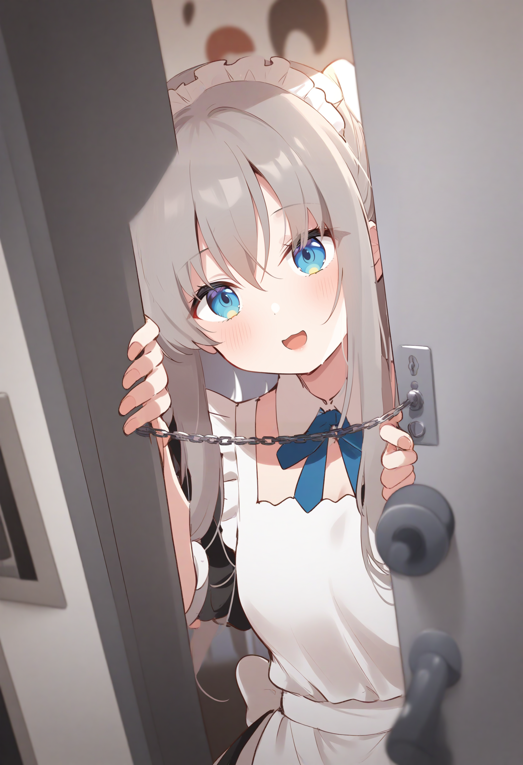 1girl,sincos, ningen mame, toosaka asagi,solo,medium breasts,20yo,maid,maid headdress,
door chain, peeking out, open door,<lora:doorchain_XL_v1:1.0>
chain, pov doorway, opening door, close-up,
ceiling, full body, looking up, gray hair, silver eyes,kubrick stare, convenience storefront, open mouth, ringlets hair,,
best quality, very aesthetic, absurdres ,