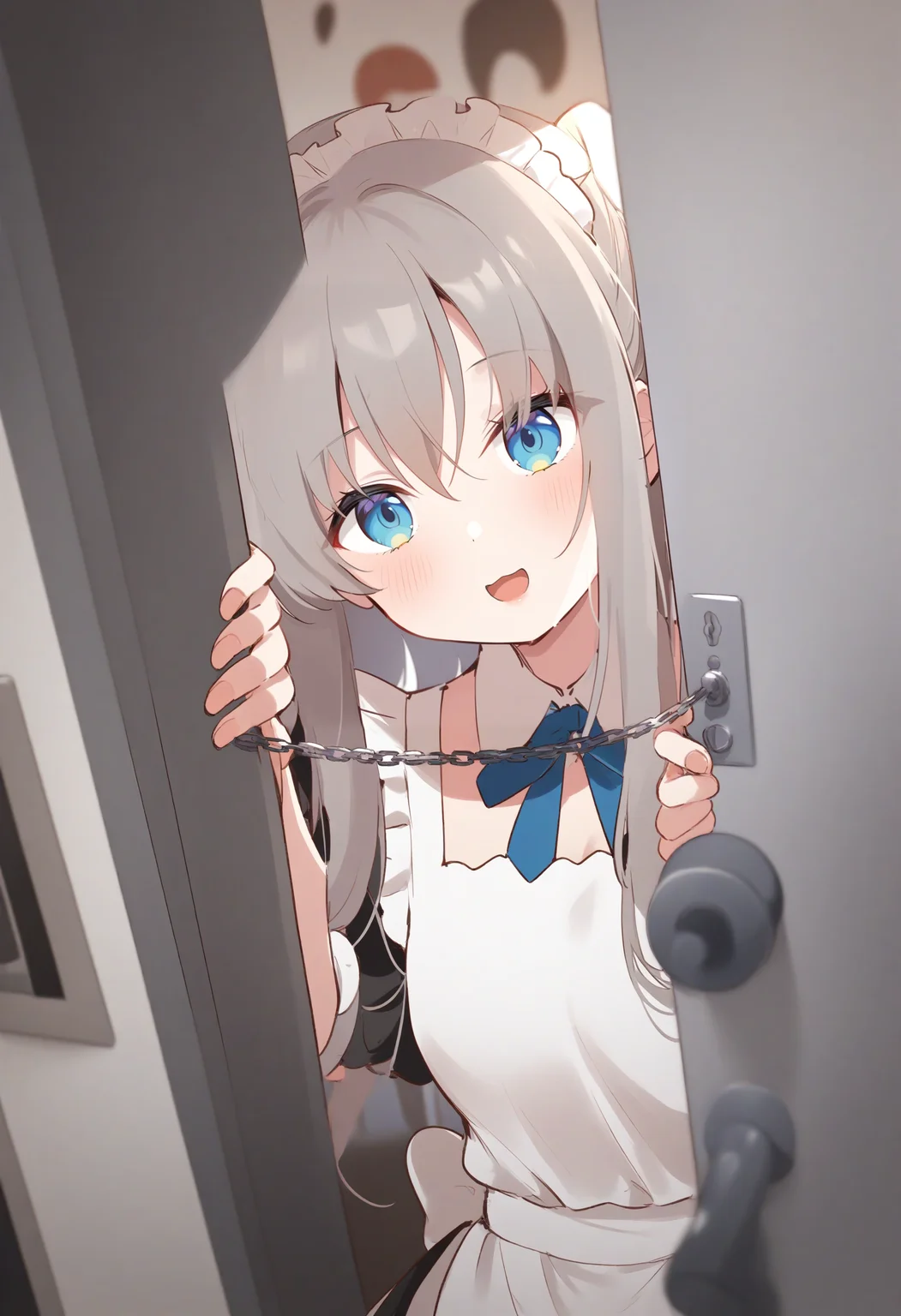 1girl,sincos, ningen mame, toosaka asagi,solo,medium breasts,20yo,maid,maid headdress,
door chain, peeking out, open door,<lora:doorchain_XL_v1:1.0>
chain, pov doorway, opening door, close-up,
ceiling, full body, looking up, gray hair, silver eyes,kubrick stare, convenience storefront, open mouth, ringlets hair,,
best quality, very aesthetic, absurdres ,