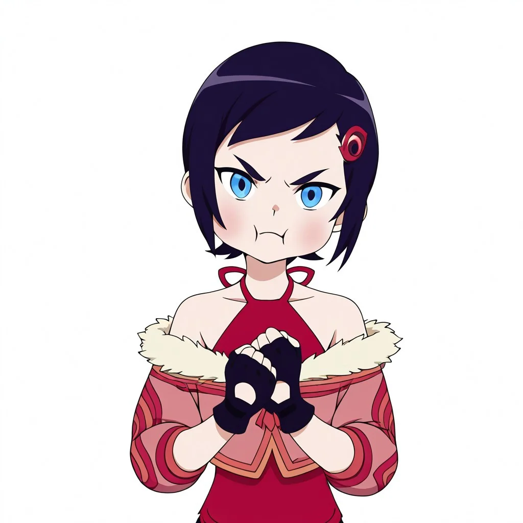 white background, 1girl, Bare shoulder, short hair, Fingerless gloves, black gloves, capri pants, halterneck, fur trim jacket, red shoes,
Upper body, from front, looking at viewer, face shot, angry, puffy cheeks, closed mouth, fist on chest, head tilt,