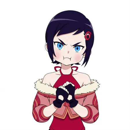 white background, 1girl, Bare shoulder, short hair, Fingerless gloves, black gloves, capri pants, halterneck, fur trim jacket, red shoes,
Upper body, from front, looking at viewer, face shot, angry, puffy cheeks, closed mouth, fist on chest, head tilt,