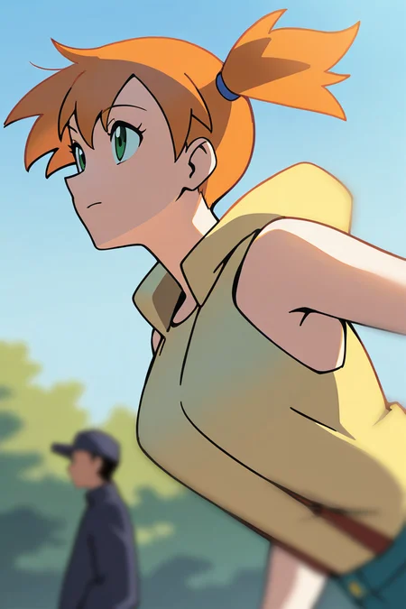 masterpiece, best quality, good quality, newest, pokemon, Misty, \(classic anime\), very aesthetic,portraiture, solo focus, depth of field, cinematic, 1girl, solo,