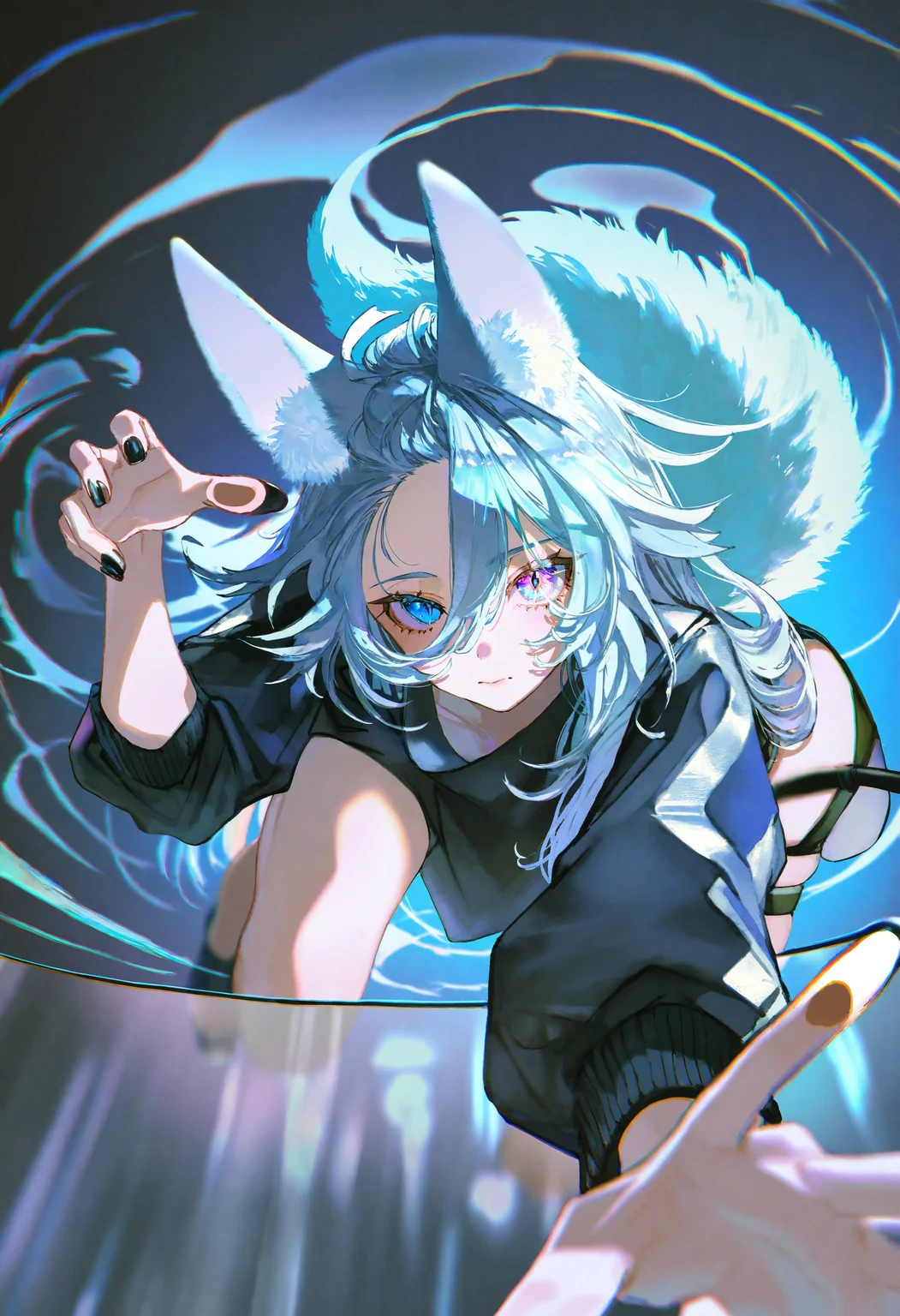 artist:[yoneyama mai|diyokama|say hana|quasarcake],
1girl, fox girl, fox ears, solo, fox tail, hair between eyes, long hair, black nails, blue eyes, heterochromia, sleeves pushed up, forehead, closed mouth, looking at viewer, blue hair, chromatic aberration, whirlpool, against glass, all fours, from below, skindentation,
masterpiece, best quality, very aesthetic, absurdres
<lora:noobai_vpred_1_aqm_complete_v3:1>