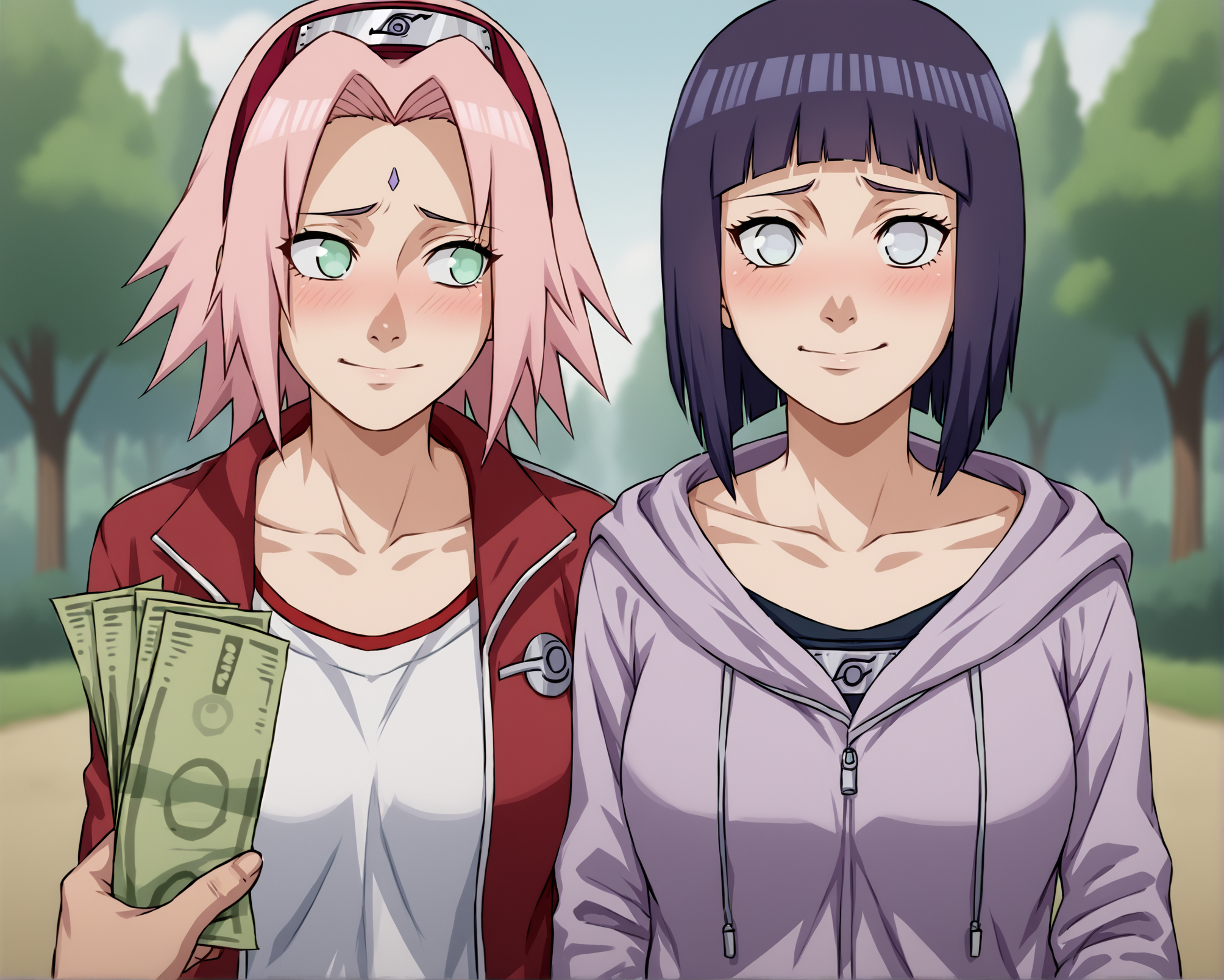 score_9, score_8_up, score_7_up, source_anime BREAK 2girl, purple hair, haruno sakura, hyuuga hinata, pov, money, holding money, upper body, perky breasts, <lora:POV_holding_money:1>, netorare, cheating (relationship), naruto (series), blush, looking away, embarrassed, small smile, collarbone, emerald green eyes, white eyes, rating_safe