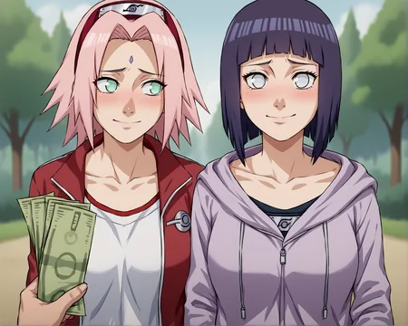 score_9, score_8_up, score_7_up, source_anime BREAK 2girl, purple hair, haruno sakura, hyuuga hinata, pov, money, holding money, upper body, perky breasts, <lora:POV_holding_money:1>, netorare, cheating (relationship), naruto (series), blush, looking away, embarrassed, small smile, collarbone, emerald green eyes, white eyes, rating_safe