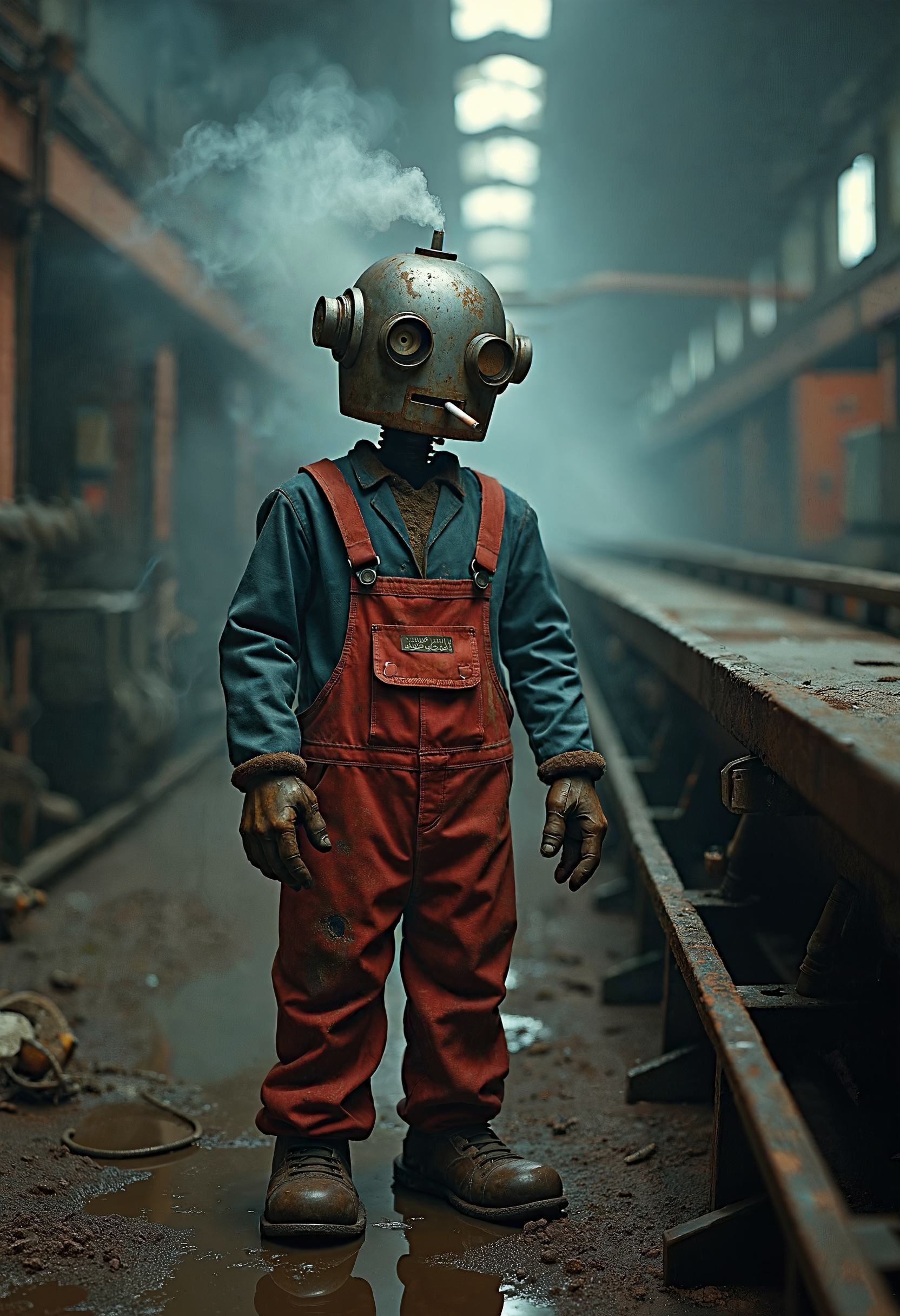 A rusted anthropomorphic robot worker with large wrench, Stands wearily by a creaking conveyor belt in a dilapidated Soviet-era factory. Smoke curls from its cigarette, mixing with steam and oil vapors. Its photorealistic metal face conveys anxiety, reflecting the harsh realities of post-industrial Soviet punk. Wear construction helmet, Red and blue work overalls with a hole has label "RABOTAET NA SPIRTE". Has hungover expression