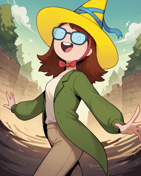 score_9, score_8_up, score_7_up, score_6_up, 1girl, solo, Betty, glasses, dot eyes, white eyes, brown hair, witch hat, ribbon, yellow headwear, green jacket, long sleeves, pants, happy, looking at viewer, dynamic pose, from side, dynamic angle, detailed background, outdoors, <lora:Betty_PDXL:1>
