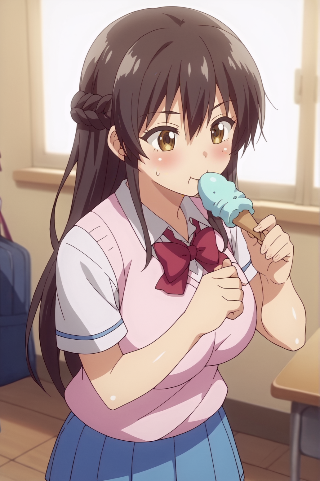 score_9, score_8_up, score_7_up,anime_source, source_anime, best background, detailed background, anime screencap,  Shibasaki Yuri, Student Uniform, indoors, blush, dynamic angle, dynamic pose, eating, ice cream,  <lora:JN_Shibasaki_Yuri:0.8>
