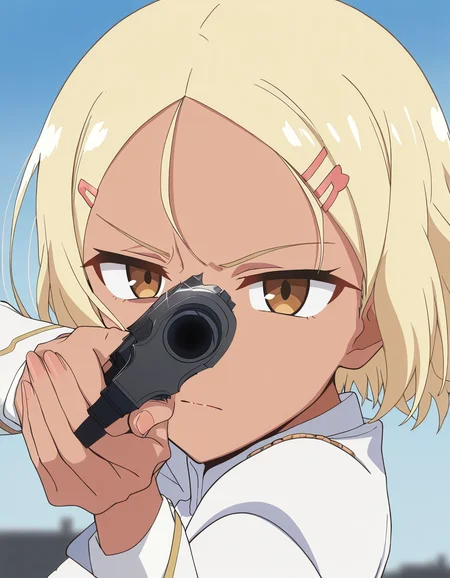 masterpiece, best quality, newest, absurdres, highres, safe,, <lora:ijiranaide-sakura-s1s2-ponyxl-lora-nochekaiser:1>, sakura, short hair, blonde hair, hair ornament, brown eyes, hairclip, dark skin, dark-skinned female, medium breasts, anime screencap, <lora:center-axis-relock-stance-illustriousxl-lora-nochekaiser:1>, center axis relock stance, looking at viewer, holding, closed mouth, weapon, holding weapon, gun, holding gun, handgun, aiming, finger on trigger, aiming at viewer, m1911,, ,