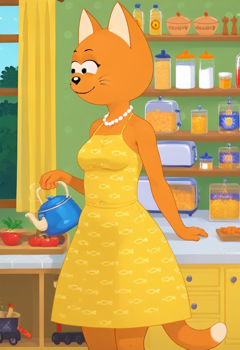 score_7, score_8, score_9, dynamic lighting, detailed background
indoors, kitchen  
BREAK Solo, 1girl, furry female, female cat, slender waist, narrow waist, wide hips, medium breasts, long torso, long legs, curvy legs, big hips, hourglass figure, thick thighs, animal ears, animal nose, BREAK cooking dinner, looking at viewer, smile