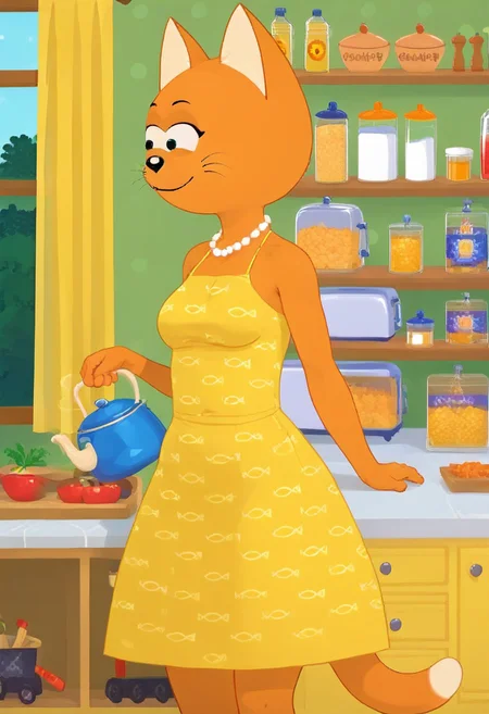 score_7, score_8, score_9, dynamic lighting, detailed background
indoors, kitchen
BREAK Solo, 1girl, furry female, female cat, slender waist, narrow waist, wide hips, medium breasts, long torso, long legs, curvy legs, big hips, hourglass figure, thick thighs, animal ears, animal nose, BREAK cooking dinner, looking at viewer, smile