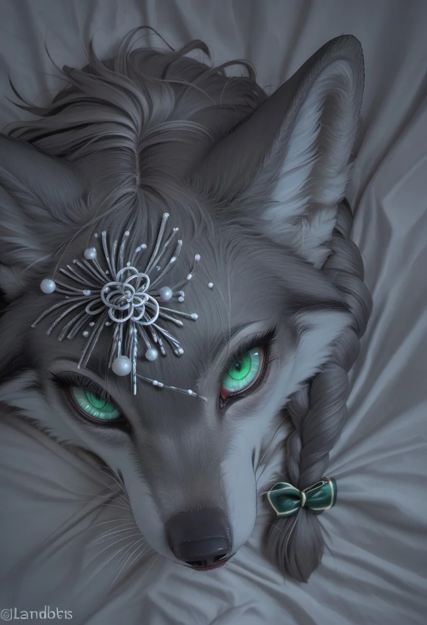 score_9, score_8_up, score_7_up, fisheye lens, Realistic, (((focus on eye, (((closeup eyes, zoom on eye))), beautiful green eyes, clear eyes))), anthro female wolf, white cheeks, ((gray fur, furry)), ((tilted head, head tilt)) fluffy fur, (gray hair, twin braids, hair streaks) night, dark background, hard shadows, rembrandt style, , stare at viewer, from above, cute adult, (Christmas theme, red ribbons)