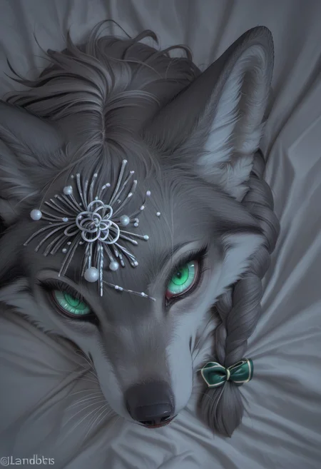 score_9, score_8_up, score_7_up, fisheye lens, Realistic, (((focus on  eye, (((closeup eyes, zoom on  eye))), beautiful green eyes, clear eyes))),  anthro female wolf, white cheeks, ((gray fur, furry)), ((tilted head, head tilt)) fluffy fur, (gray hair, twin braids, hair streaks) night, dark background, hard shadows, rembrandt style, , stare at viewer, from above, cute adult, (Christmas theme, red ribbons)