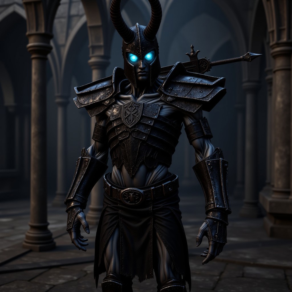 A draugr wearing resplendant black nordic armor with heavy pauldrons, enchanted with runes. His eyes glow with an eerie blue light. He wears a helmet with close-set long horns. A Highly detailed two-handed sword rests on his shoulder. THe background is a detailed Nordic crypt. Rendered in the highest detail. aidmafluxproultra