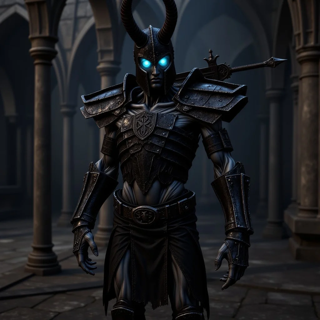 A draugr wearing resplendant black nordic armor with heavy pauldrons, enchanted with runes. His eyes glow with an eerie blue light. He wears a helmet with close-set long horns. A Highly detailed two-handed sword rests on his shoulder. THe background is a detailed Nordic crypt. Rendered in the highest detail. aidmafluxproultra