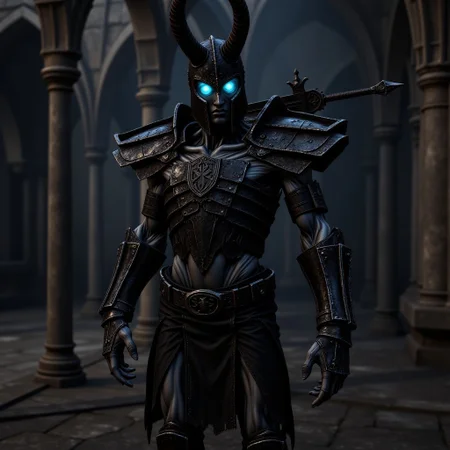 A draugr wearing resplendant black nordic armor with heavy pauldrons, enchanted with runes. His eyes glow with an eerie blue light. He wears a helmet with close-set long horns. A Highly detailed two-handed sword rests on his shoulder. THe background is a detailed Nordic crypt. Rendered in the highest detail. aidmafluxproultra