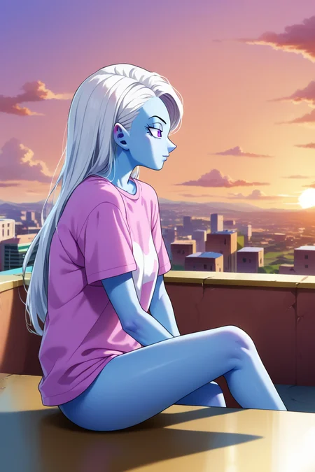 score_9, score_8_up, score_7_up,score_6_up,score_5_up,score_4_up, vados, 1girl,from side,light blue skin, solo, white hair, purple eyes,long hair, sitting, profile, rooftop, looking ahead, sunset,straight hair, white t-shirt,oversized clothes,knee up, swept bangs,no pants <lora:VadosPony_v1:1>