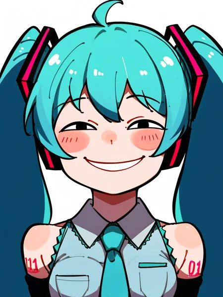 <lora:xl_anya's_heh_face(pony)3:1>,Comical face,smile,black eyes,hatsune miku,, score_9,_up score_8_up,up score_7_up,up score_6_up,