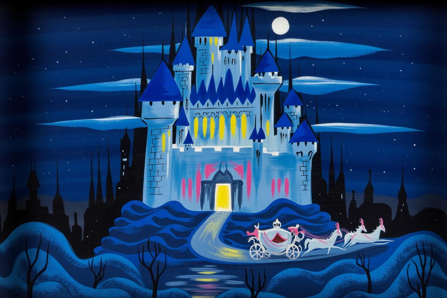 maryblair1 illustration.
A castle with a blue roof and multiple spires is visible at night. In the foreground, a carriage is being pulled by two white horses. There are clouds and a full moon in the sky. <lora:maryblair2_cap_d8a4:1.0><lora:846195607992412799:0>