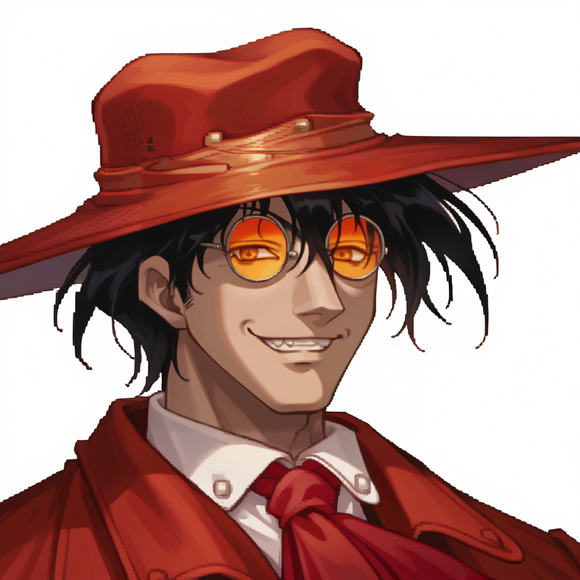score_9, score_8_up, score_7_up, source_anime, 1boy, solo,
<lora:zs_SkyPortraitsXL:1> skyportraits, portrait, white background
 <lora:AlucardHS-pdxl:1> aluHS, red hat, black hair, glasses, orange-tinted eyewear, red trench coat, red ascot, collared shirt, grin
