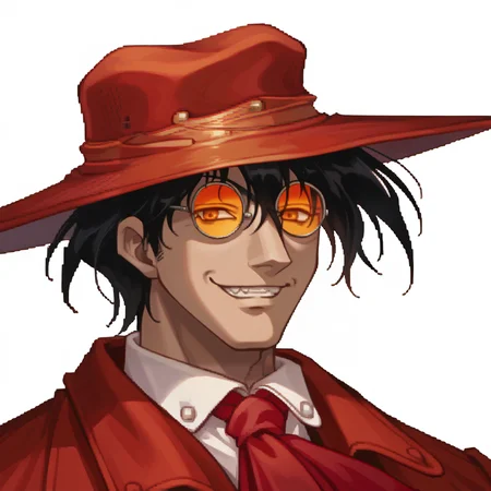 score_9, score_8_up, score_7_up, source_anime, 1boy, solo,
<lora:zs_SkyPortraitsXL:1> skyportraits, portrait, white background
<lora:AlucardHS-pdxl:1> aluHS, red hat, black hair, glasses, orange-tinted eyewear, red trench coat, red ascot, collared shirt, grin