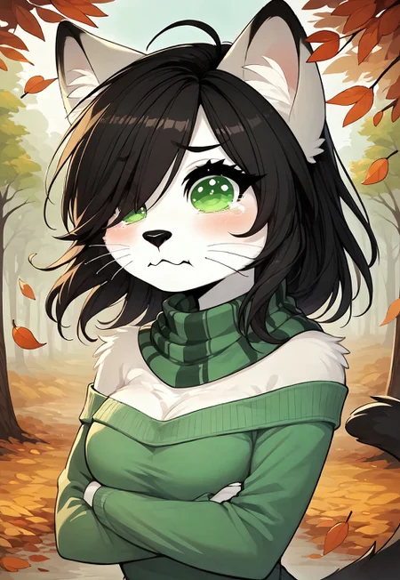 safe_pos, masterpiece, score_9_up, score_8_up, score_7_up, score_6_up, source_furry, (best quality:1.1), ultra-detailed, high resolution, solo, highly detailed macro illustration, 1girl, Kaja, anthro cat, feline, female, (white fur), long black hair, hair over one eye, long eyelashes, eyebrows, black animal nose, whiskers, fluffy ears, fluff in ears, tail, breasts, (cute expression, cute face:1.2), (beautiful detailed green eyes, green pupils), small breasts, cute, aquacrying, wavy mouth, closed mouth, tearing, cry, arms crossed, green sweater, black striped scarf BREAK outdoors, autumn, autumn forest, wind, leaves flying around her BREAK Highly Visible, sharp focus, perfect lighting, anatomically correct, extremely detailed, high detail, Expressiveh, detailed background, zPDXL3