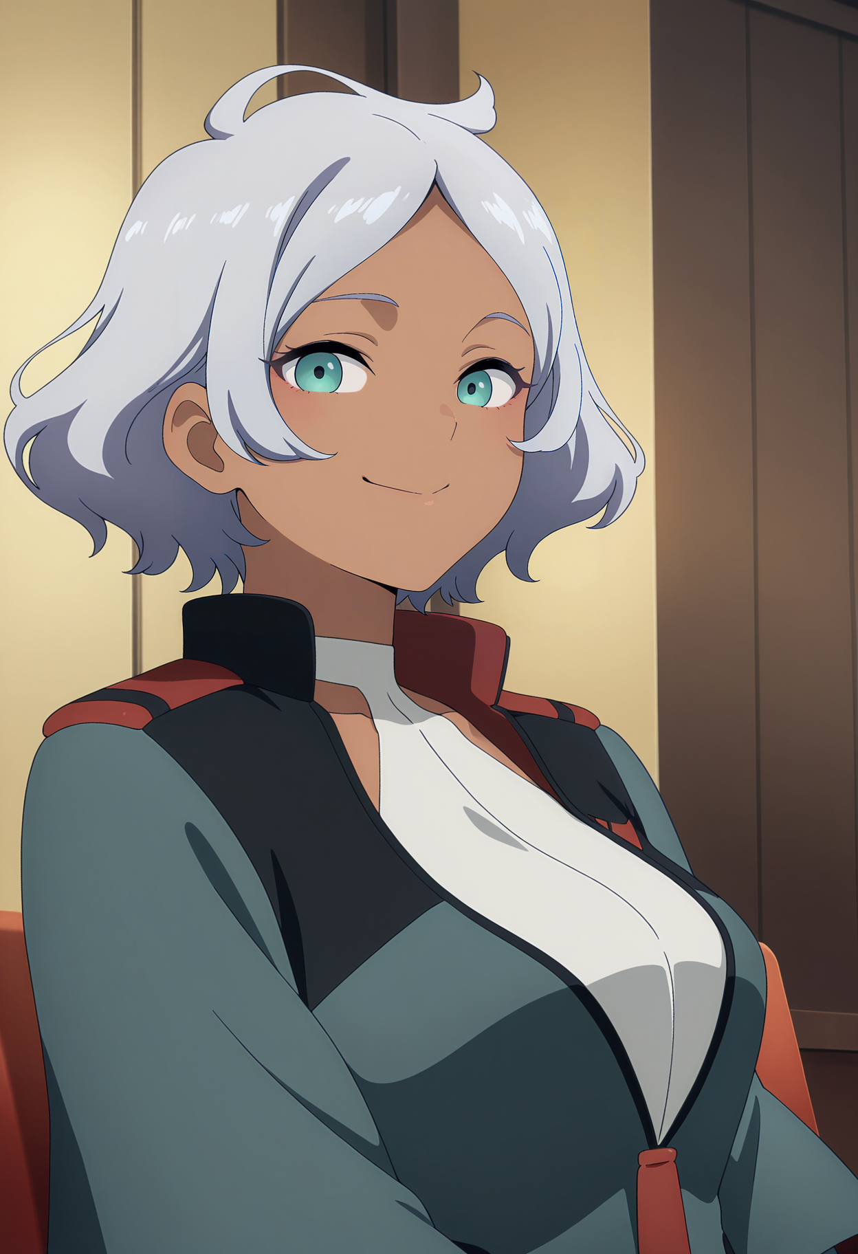 1girl,solo,mm,mature female,dark skin,dark-skinned female,grey hair,short hair,green eyes,anime coloring,
asticassia school uniform,school uniform,green jacket,white shirt,upper body, looking at viewer, smile, indoors
,masterpiece,best quality,amazing quality,<lora:Secelia_Dote-Mobile_Suit_Gundam_the_Witch_from_Mercury:0.8>