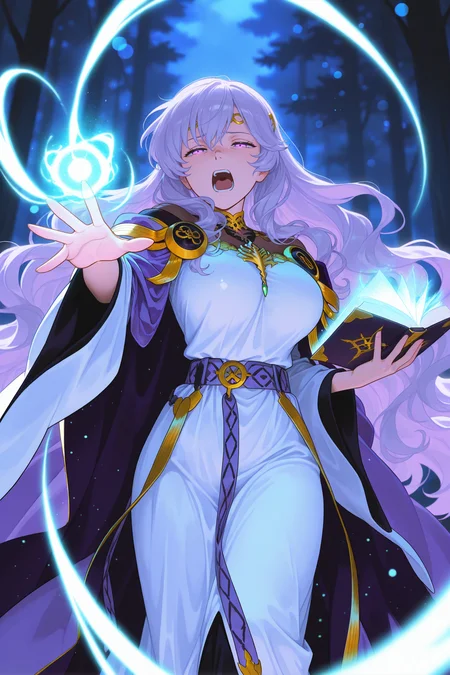 masterpiece, best quality, 1girl, solo, <lora:fedeirdre-illu-nvwls-v1-000006:1> basedrd, wavy hair, very long hair, purple eyes, circlet, purple cape, white dress, off-shoulder dress, wide sleeves, long dress, purple belt, large breasts, outstretched hand, holding book, blue magic, glowing, outstretched hand, half-closed eyes, yelling, bokeh, night, forest, glow, chiaroscuro, wince, casting magic, blue swirls of light