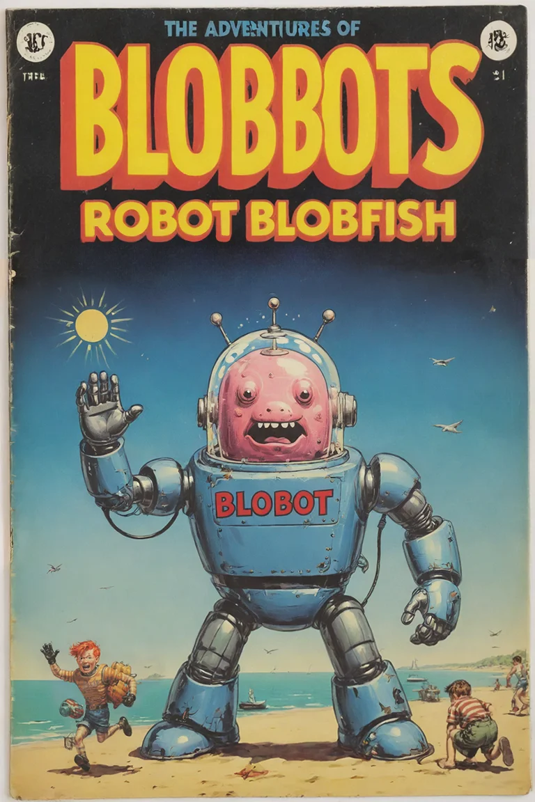 vintage comic book with the (title text: "The Adventures of blobot" – "the robot blobfish":1.2)