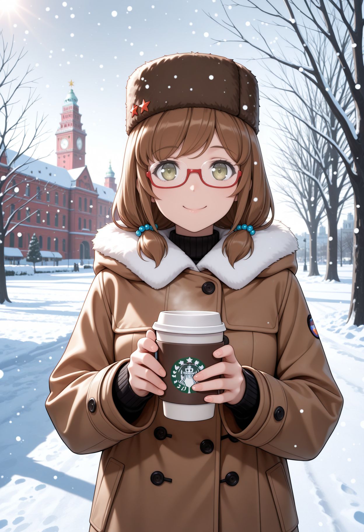 masterpiece,best quality,absurdres,highres,very aesthetic,high quality,detailed,insanely detailed,beautiful,perfect lighting, looking at viewer, looking at viewer, smile, 
 <lora:Momo Aoki:1>, brown hair, twintails, brown eyes, low twintails, green eyes, hair bobbles, glasses,  winter clothes, papakha, fur hat, incoming drink, giving, holding cup, coffee cup, outdoors, european architecture, moscow, park, bare tree, snowing,