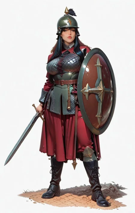 hyper-detailed, modernretroanime, Anime, anime screencap, cel shading, dramatic, sharp detail, mature female, Full-body illustration of female soldier, largebreasts, wide hips, thighs, thick thighs, atheltic female, luscious lips, wearing a detailed Niederbieber-type helmet with cross-pattern reinforcing ridges and cheek guards that can be fastened together. She wields a Spatha sword (900mm/36 inches), historically used by cavalry in the 1st and 2nd centuries. She also carries a spiculum, a heavy pilum-type javelin. She wears chain mail, an oval shield, a long-sleeved tunic, trousers, and boots, historically accurate to 3rd-4th century Roman infantry. The helmet style transitions toward an Intercisa-type. She has an hourglass physique, wide hips, luscious lips, and long flowing hair, exuding both beauty and strength. One leg is positioned straight to the side, with her foot resting on her shoulder, showcasing flexibility and power. Ultra-detailed, cinematic lighting, historical realism, 8K, dramatic pose, dynamic composition, artist:moriimee