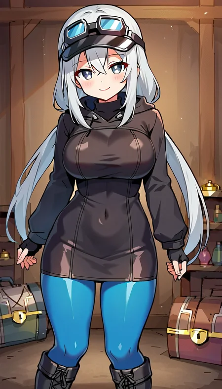 score_9,score_8_up,score_7_up,score_6_up BREAK official art,solo,outdoors,cowboy shot,looking at viewer,facing viewer,smile,blush,(chibi:1.3),Treasure Girl,black visor cap,goggles on headwear,black goggles,long hair,grey hair,low twintails,sidelocks,hair between eyes,bangs,grey eyes,bright pupils,white pupils,turtleneck,black dress,short dress,hooded dress,hood down,long sleeves,fingerless gloves,black gloves,large breasts,blue pantyhose,boots,black footwear,<lora:Treasure Girl-Pony:1.1>,