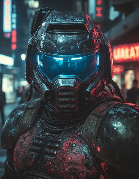 Generate a hyper-realistic, high-detail portrait of a doomguy with cyberpunk influences, set futuristic urban setting. The central figure is adorned with a technologically advanced helmet featuring multiple mechanical elements and exposed circuitry, seamlessly integrated with doomguy human features. The helmet is chrome, transparent visors, and intricate wires, sensors, and cables running through it. The doomguy expression is angry and intense. There are visible mechanical implants embedded in doomguy skin, blending organic and artificial textures. The futuristic outfit he wears is illuminated by neon red lights, and the fabric contains complex digital patterns, creating a strong sci-fi aesthetic.Retro Sci-Fi Film Screengrab.  <lora:Classic_Doomguy_for_Flux:0.8>  <lora:80sFantasyMovie2:0.9> ArsMovieStill, 80s Fantasy Movie Still