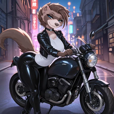 masterpiece, best quality, newest, absurdres, highres, furry, perfect anatomy, M1x,1girl,solo,furry,furry female,brown hair,short hair,blue eyes,snout,animal nose,fang,choker,body fur,two-tone fur,browm fur,claws,white fur,tail, outdoors, city, streets, sidewalk, thick thighs, breasts, black pants, white shirt, black jacket, leather jacket, leather pants, motorcycle, posing, arms on motorcycle, night, night lights, looking at viewer, half-closed eyes,