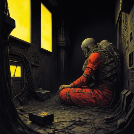 This is a digital drawing in a dark, gritty sci-fi style, depicting a lone astronaut in a futuristic, high-tech space station. The astronaut, wearing a bulky, red and black spacesuit with intricate detailing, is seated on the floor. The suit has various panels, straps, and hoses, suggesting a heavily armored and functional design. The helmet is partially obscured by cables and wires, which are draped across the figure, adding to the sense of chaos and disarray.
The background is filled with a chaotic array of high-tech equipment, including numerous screens, panels, and control consoles. Two large, glowing yellow screens are prominently displayed on the left side of the image, emitting a bright, almost blinding light. The rest of the background is a jumble of dark, metallic textures and various electronic components, with cables and wires crisscrossing the scene.
The floor is covered in a pattern of geometric shapes, adding to the industrial and futuristic feel. In the foreground, there is a black, rectangular object with a yellow symbol on it, which appears to be a control device or a piece of equipment. The overall mood is one of isolation and technological overload, with a heavy emphasis on the astronaut's isolation and the chaotic environment around him.reflections,best quality,masterpiece,detailed,rich colors,color contrast,award-winning,disturbing,hard science fiction, melancholy,((close-up))
H.R.Giger
Zdzisław Beksiński,
Marc Simonetti
Robert Howard
John Grimshaw