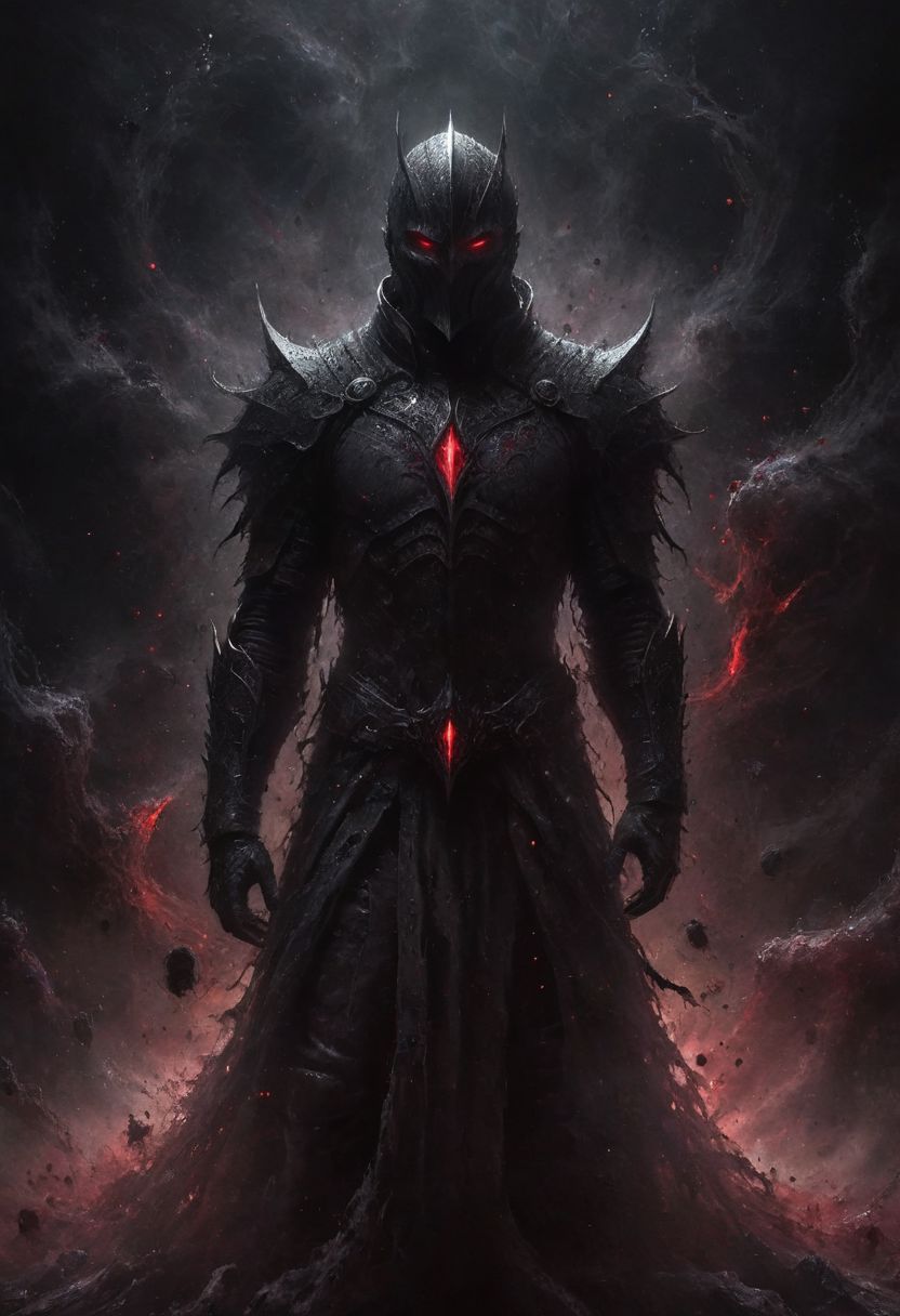 ais-darkpartz, deep endless black, a man standing alone in the void, Eldritch, a knight in armor of the deepest black, tidal waves of crimson, desolation, he wears a mask that hides his essence, evil villain, (high contrast, deep shadows, glowing red accents)
