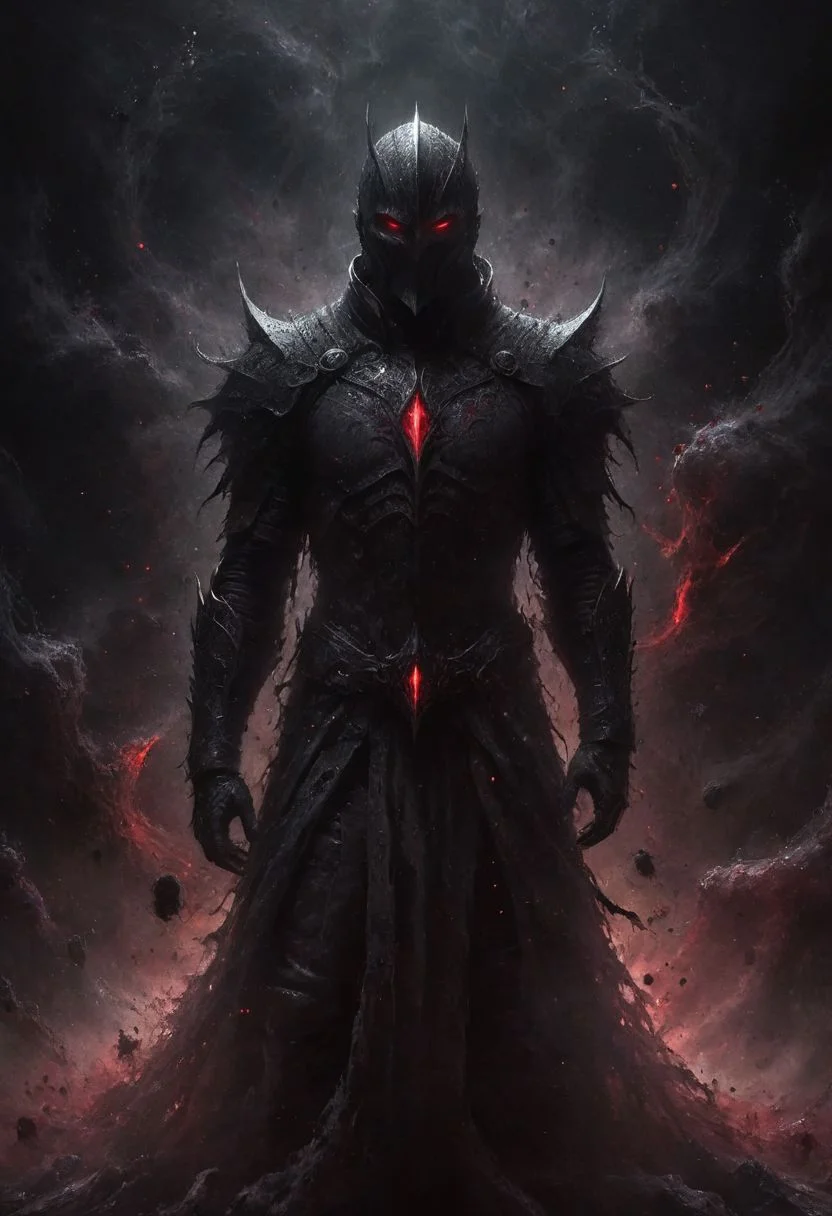 ais-darkpartz, deep endless black, a man standing alone in the void, Eldritch, a knight in armor of the deepest black, tidal waves of crimson, desolation, he wears a mask that hides his essence, evil villain, (high contrast, deep shadows, glowing red accents)