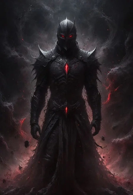 ais-darkpartz, deep endless black, a man standing alone in the void, Eldritch, a knight in armor of the deepest black, tidal waves of crimson, desolation, he wears a mask that hides his essence, evil villain, (high contrast, deep shadows, glowing red accents)