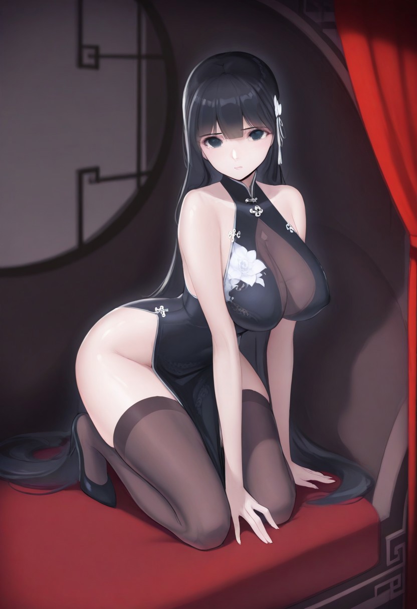digital art,female,cute,attractive,big breasts,flat chested,black hair,long hair,black dress,high collar,chinese dress,qipao,floral patterns,red ribbons,thigh-high stockings,black stockings,sitting on knees,windows,red curtains,red and gold frames,indoors,window seat,looking at viewer,seductive gaze,pale skin,full body,black high heels,silver hair accessories,white flowers,black eyes,serious expression,upper body shot,minimalistic background,detailed character design,elegant,sensual atmosphere,anime girl,beautiful girl,delicate face,medium-length hair,bangs,detailed shading,
zmzq,masterpiece, best quality, good quality, very aesthetic, absurdres, newest, 8K, depth of field,