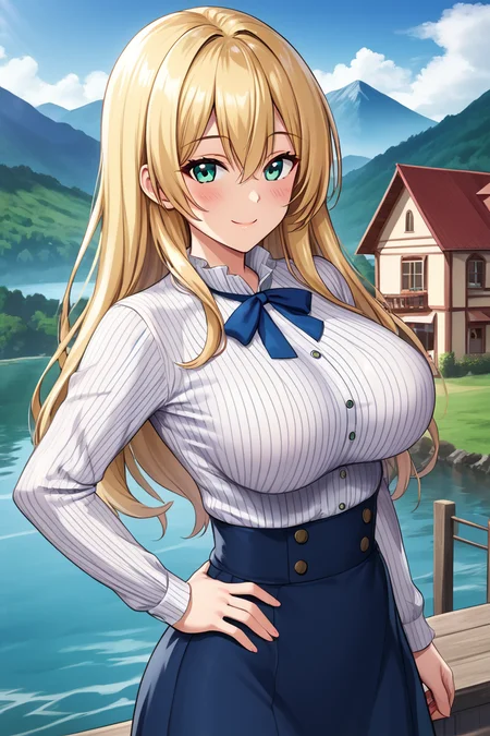1girl, long hair, large breasts, looking at viewer, blush, smile, bangs, skirt, blonde hair, shirt, long sleeves, ribbon, hair between eyes, green eyes, white shirt, pinstripe shirt, solo focus, aqua eyes, (blue skirt), blue ribbon, (long skirt), house, outdoor, mountain, lake, standing, cowboy shot, high-waist skirt, one hand on hips,