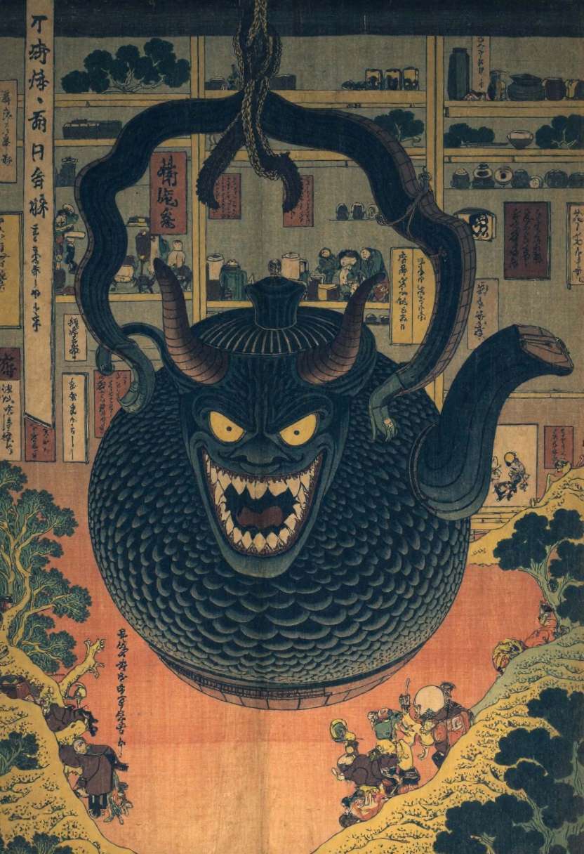 Ukiyo-e style by Katsushika Hokusai of a fantastical, demonic-looking teapot suspended from a chain in a dimly lit, rustic setting, the kettle, crafted from a dark, textured material, has a menacing, anthropomorphic face with sharp, pointed ears, a wide, toothy grin, and piercing yellow eyes that glow with a menacing intensity, its body is intricately detailed with scales and a glossy, almost black finish, giving it a rugged, almost demonic appearance, the handle is curved and ornate, with a small, domed lid and a spout, and the kettle's body is adorned with intricate, curved horns that curve upwards, adding to its menacing nature, the background is blurred, but it appears to be an indoor setting with wooden beams and shelves filled with various objects, suggesting a rustic, medieval or fantasy-inspired environment, the fire beneath the kettle casts a warm, orange glow, enhancing the eerie atmosphere, the texture of the kettle is smooth and polished, reflecting the light and creating a sense of depth and realism, the overall mood is one of intense, almost surrealism, blending elements of fantasy and realism<lora:CustomFlux/Katsushika_Hokusai.safetensors:1.0:1.0>