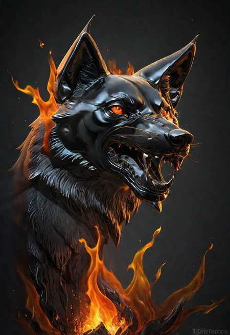 (masterpiece))
a wolf head,
HDR, hyper realistic,
Black goo,
godly auburn light, flames,