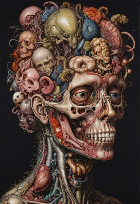 a painting of a human head with many different parts of it in it's face and neck,with a black background,Arcimboldo,an ultrafine detailed painting,(a human head made of human bodies:1.5),(head made of internal organs:1.7),(human head covered with internal organs:1.5),abstraction,(((((human-alien hybrid:1.3))))),