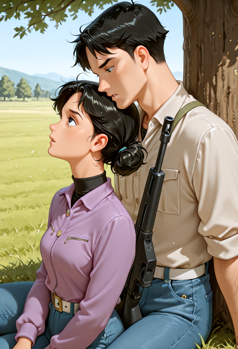 2person, F4ng_L1,yuuk1,Couple,(((profile)))
IllusP0s, masterpiece, best quality, amazing quality, very aesthetic, absurdres, newest, ((ultra detailed eyes:1.4)),((ultra detailed hair:1.4)),((ultra detailed face:1.4))
BREAK
1girl, c0_F4ng_yuuk1, F4ng_L1,  black hair,(dark brown eyes), Pony Till,Purple Jacket, white belt, gray slacks,
BREAK
1boy, ((male)),yuuk1,Brown Hair, black eyes, Short Hair,
 ((Tan Color Jumper)), jeans, weapon, black rifle, shoulder a rifle
BREAK
A grassland as far as the eye can see, large trees, shade, sitting, arms folded, looking up
parted lips, sit side by side
 <lora:Fang_Li_-_GUNDAM_THE_ORIGIN_-_100percent_-_Manga:0.8>