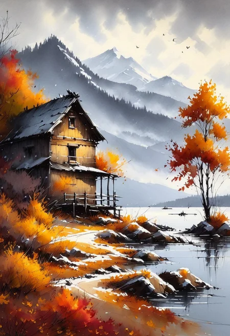 score_9, score_8_up, score_8, (Masterpiece), (best quality) , inksketch, 16k, extreme detail, fine textures,hyper detailed, It is late autumn and the days are still warm but the nights have an early winter bite. The distant mountains are wearing an early snowfall like a new blanket. The valley lake is covered with scattered leaves from the elm and maple trees. Only the stubborn oak has not shed its colorful leaves. There is a small rustic cabin near the edge of the lake with an old dilapidated dock reaching out into the lake. A small empty boat floats alone on the lake.