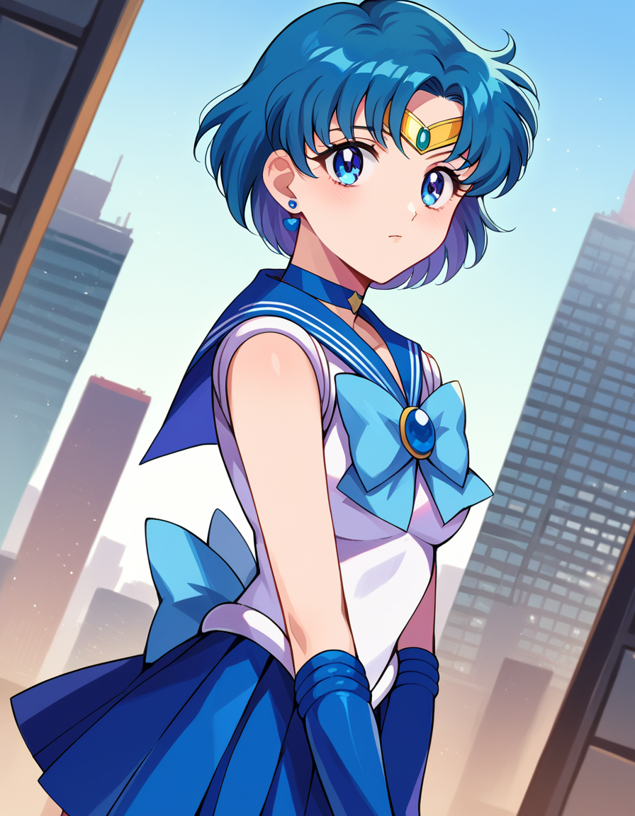 score_9, score_8_up, score_7_up, source_anime,
sailormercury, <lora:sailor-mercury-ponyxl-lora-nochekaiser:1>
sailor mercury, blue eyes, blue hair, short hair, parted bangs,
back bow, blue bow, blue choker, blue sailor collar, blue skirt, bow, choker, earrings, gloves, jewelry, magical girl, miniskirt, pleated skirt, sailor collar, sailor senshi uniform, skirt, stud earrings, tiara, sleeveless,
outdoors, cityscape,
looking at viewer, cowboy shot, dutch angle,
